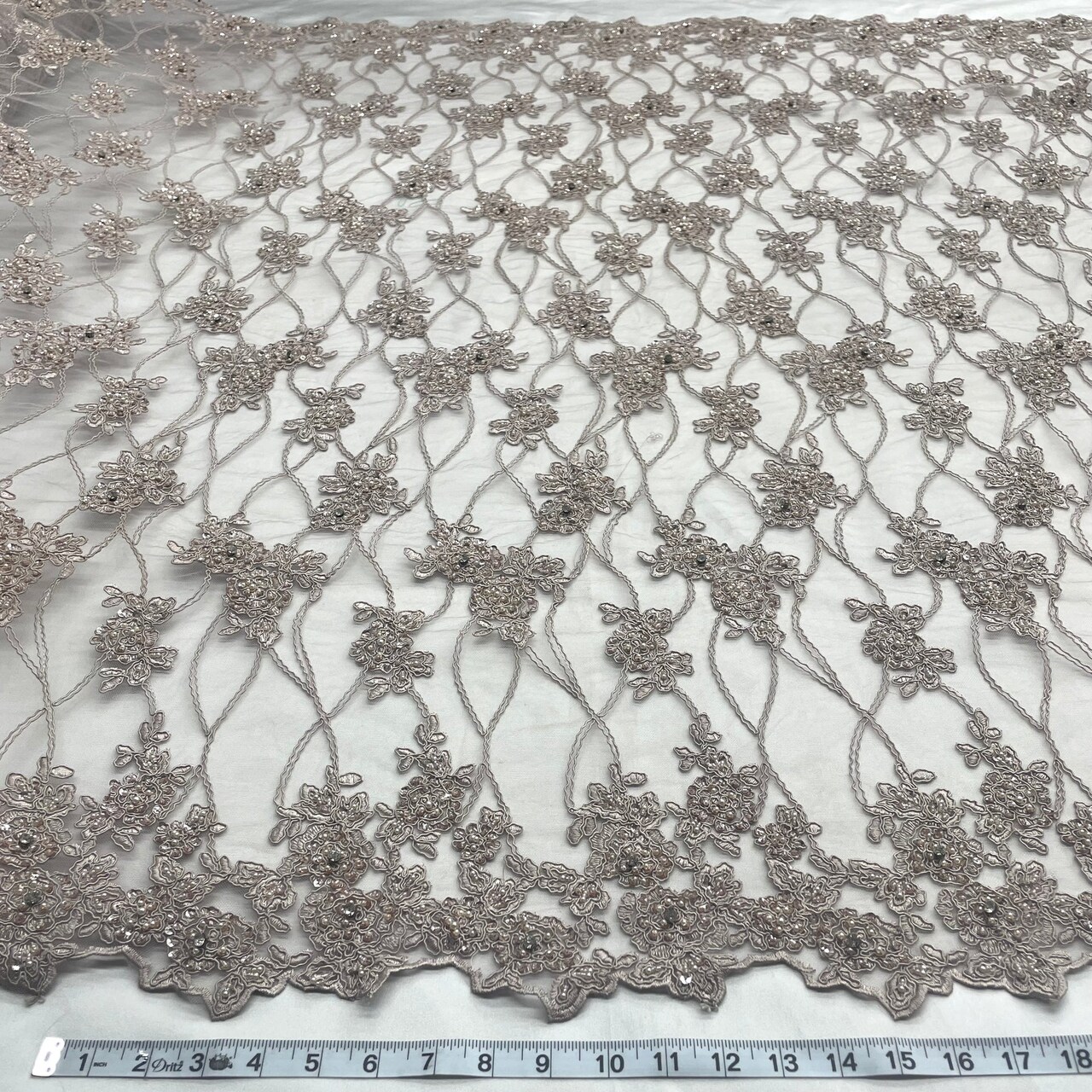 1 Yard Blush Beaded & Corded Bridal Lace Embroidered on Fabric 52" Wide Polyester Net Mesh